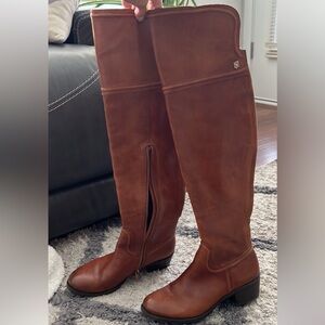 Excellent Like New Vince Camuto Cognac Leather Over the Knee Boots Low Heel